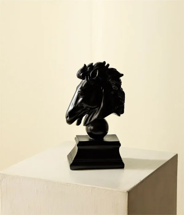 Black Horse Head Bust on Stepped Plinth in black — in a room setting