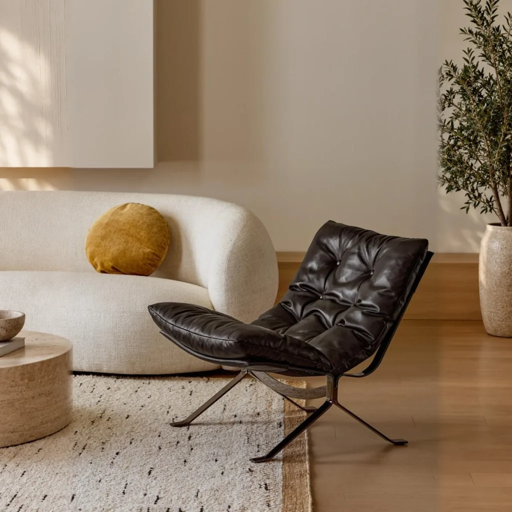 Ohm Lounge Chair in Natural Full-Grain Leather on Steel Base — front view