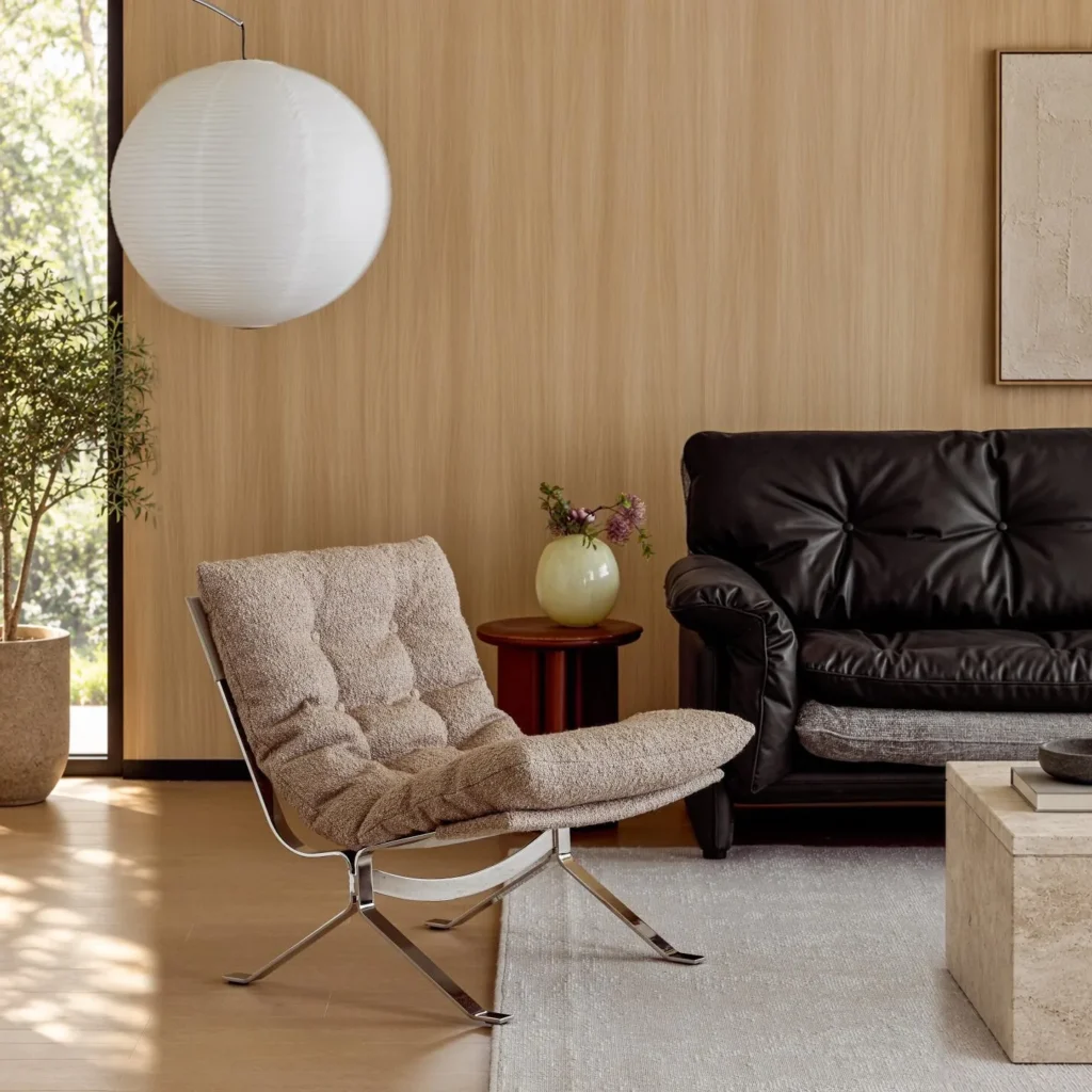 Ohm Lounge Chair in Wool Bouclé on Steel Base — front view
