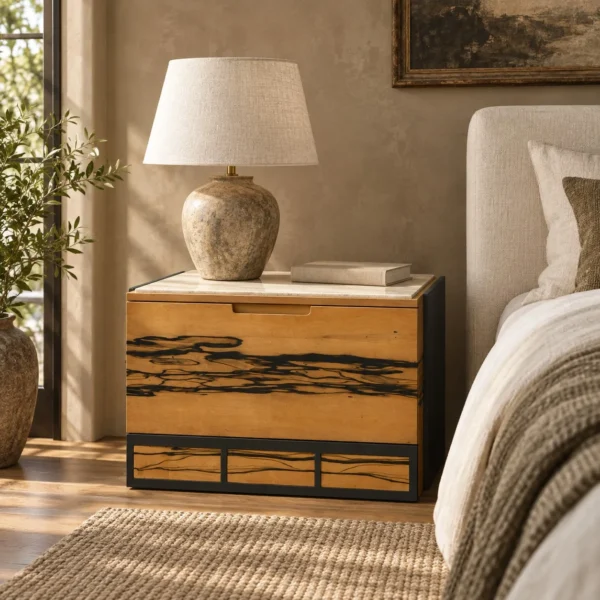 Black and White Ebony Veneer Nightstand with Stone Top in black — in a room setting