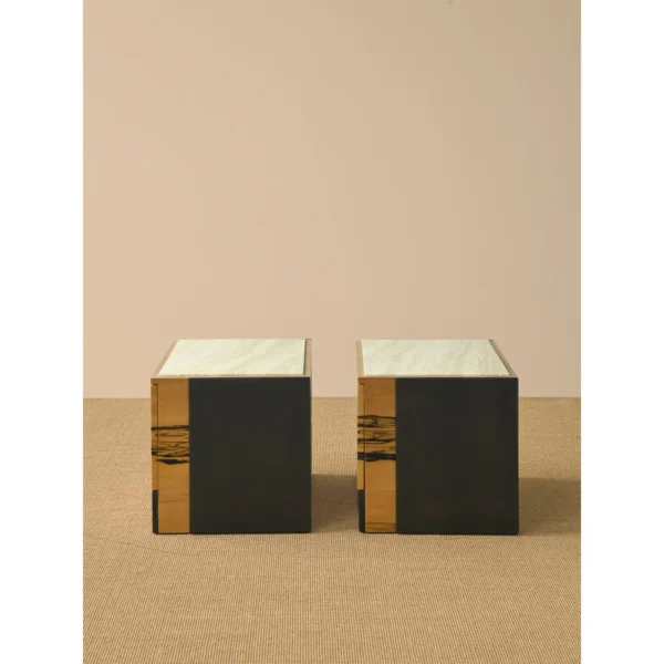 Black and White Ebony Veneer Nightstand with Stone Top in black — in a room setting