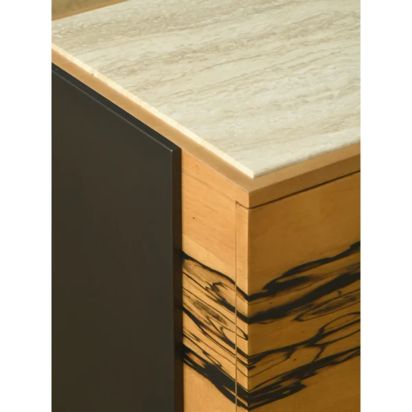 Black and White Ebony Veneer Nightstand with Stone Top in black — in a room setting