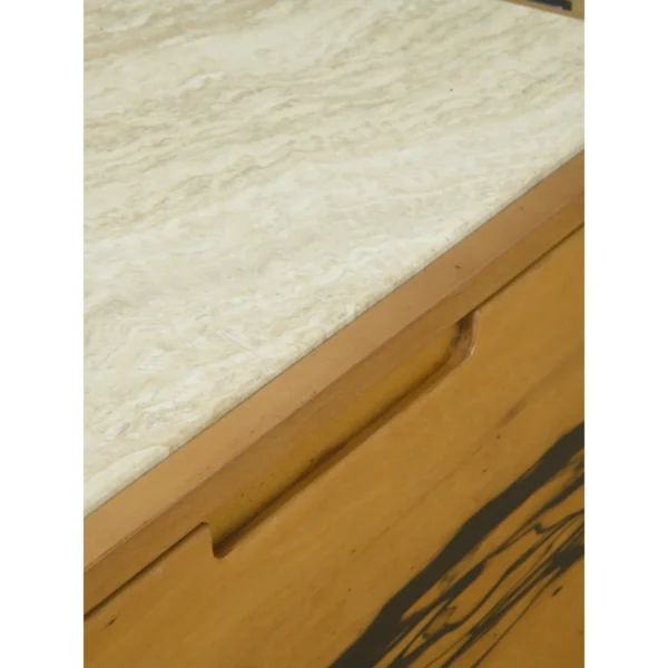 Black and White Ebony Veneer Nightstand with Stone Top in black — in a room setting
