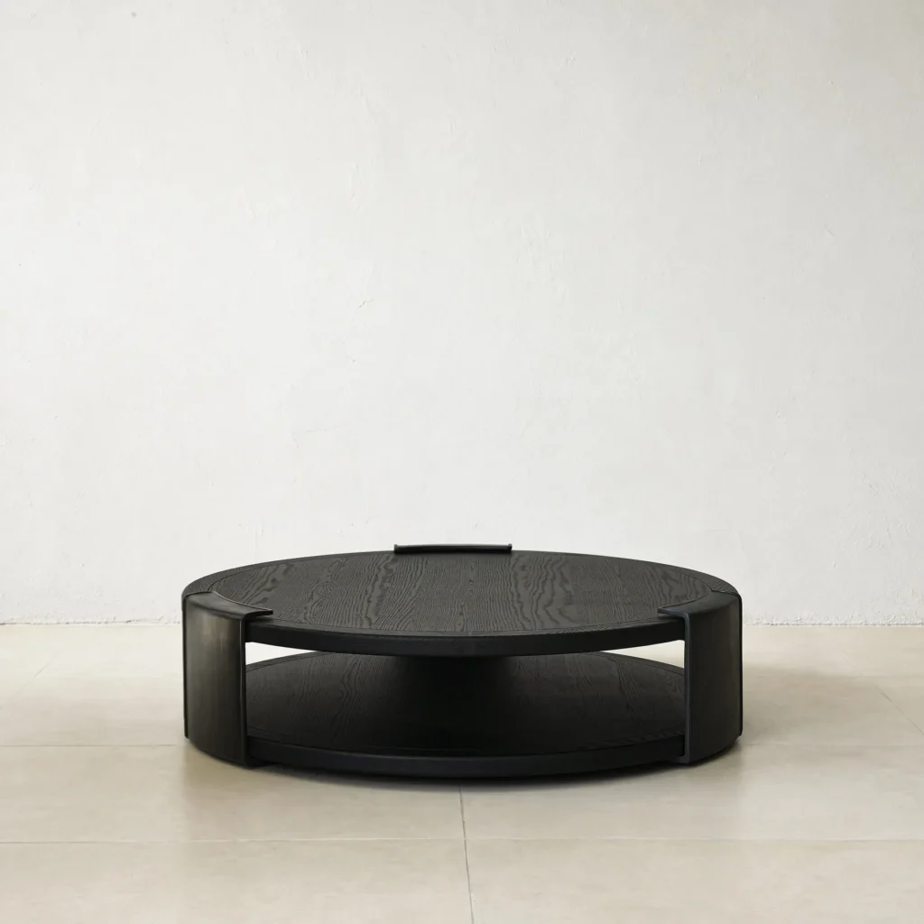 Round Black Oak Coffee Table with Brass Detail, 130 cm in black — front view