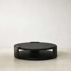 Round Black Oak Coffee Table with Brass Detail, 130 cm in black — front view