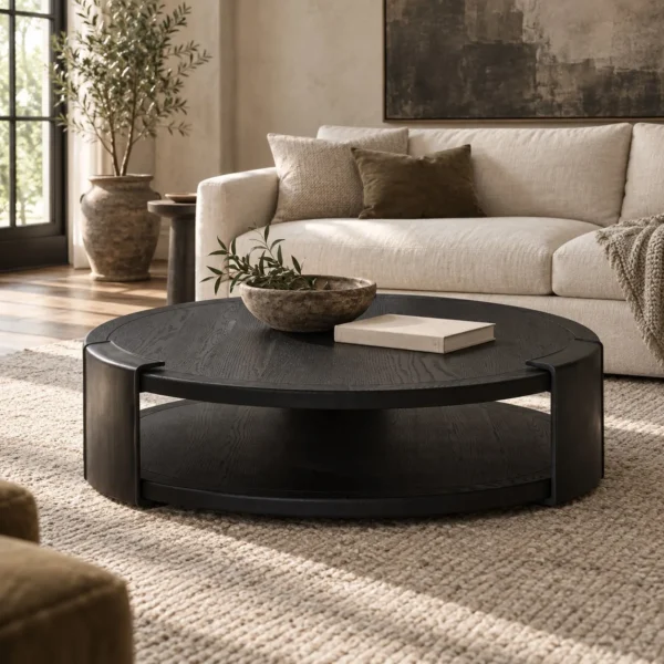 Round Black Oak Coffee Table with Brass Detail, 130 cm in black — in a room setting