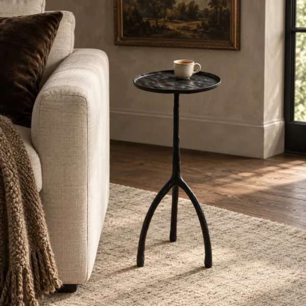 Hand-Forged Brass Tripod Side Table with Textured Top in black — in a room setting