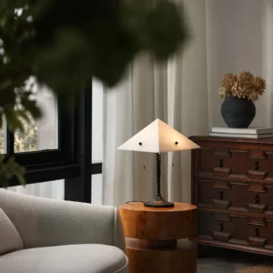Faux Alabaster Pyramid Table Lamp with Antique Brass Base in ivory — front view