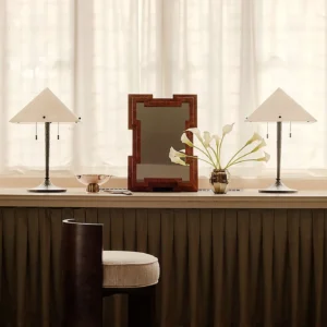 Old Money Cloud Stone Shade Table Lamp on Matte Metal Column in oatmeal — front view