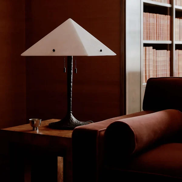 Old Money Cloud Stone Shade Table Lamp on Matte Metal Column in oatmeal — in a room setting