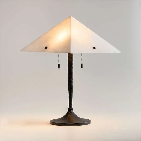 Old Money Cloud Stone Shade Table Lamp on Matte Metal Column in oatmeal — in a room setting