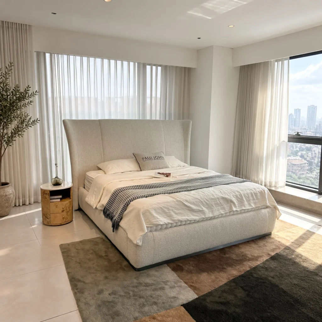 High-Back Winged Linen Bed in oatmeal — front view