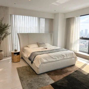 High-Back Winged Linen Bed in oatmeal — front view