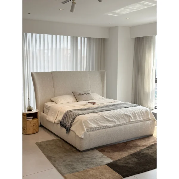 High-Back Winged Linen Bed in oatmeal — in a room setting