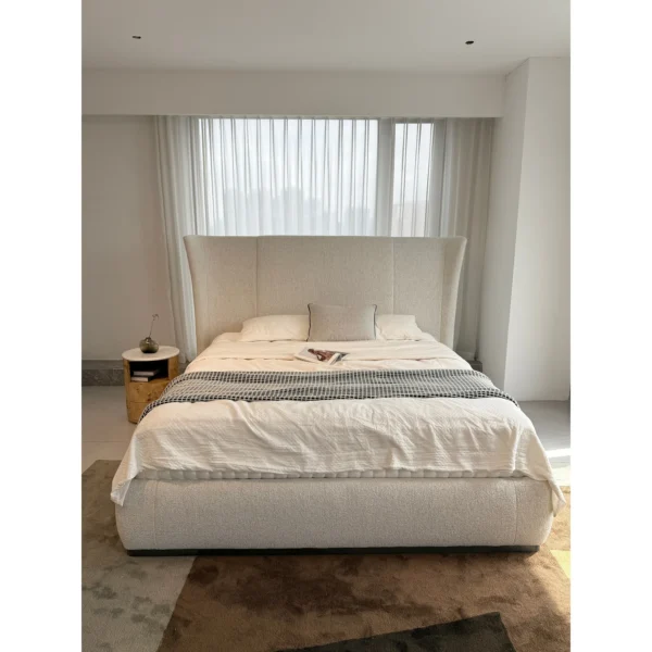 High-Back Winged Linen Bed in oatmeal — in a room setting
