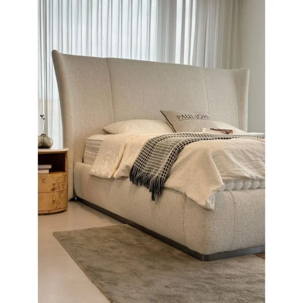 High-Back Winged Linen Bed in oatmeal — in a room setting