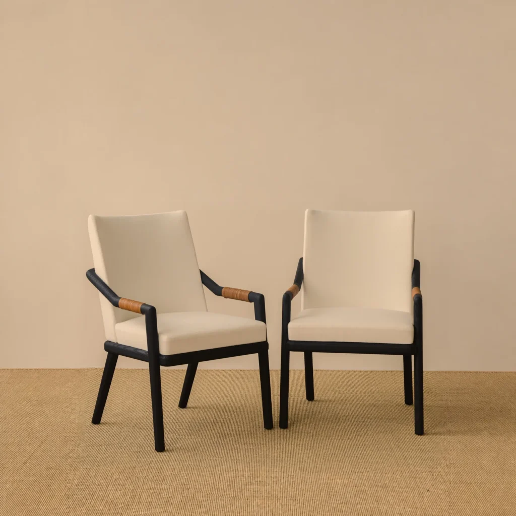 Black Oak Dining Armchair with Woven Leather Arms in oatmeal — front view