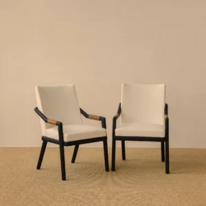 Black Oak Dining Armchair with Woven Leather Arms in oatmeal — front view