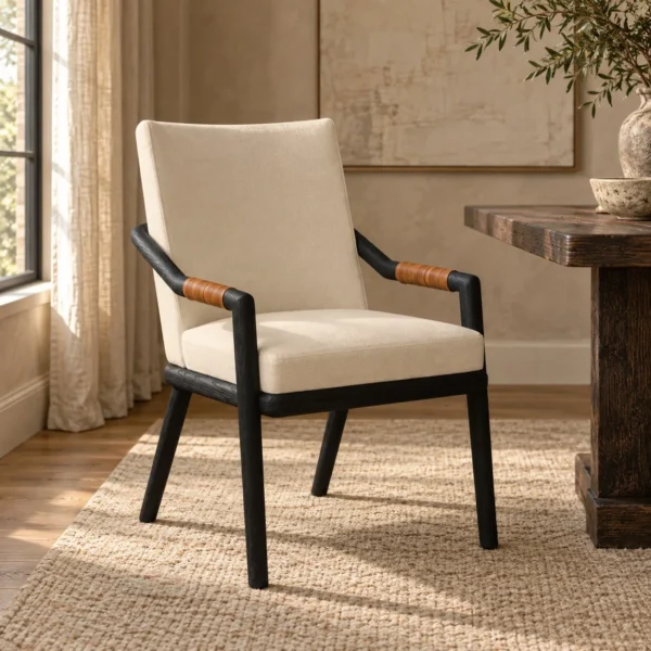 Black Oak Dining Armchair with Woven Leather Arms in oatmeal — in a room setting