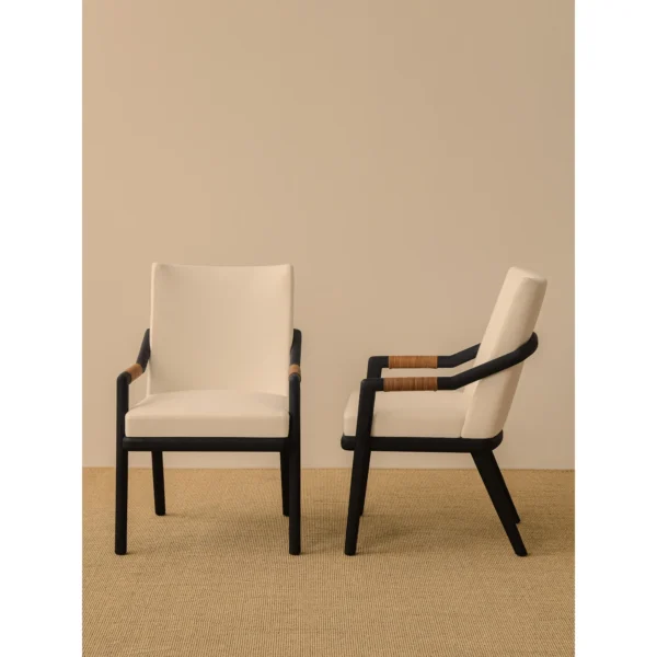 Black Oak Dining Armchair with Woven Leather Arms in oatmeal — in a room setting