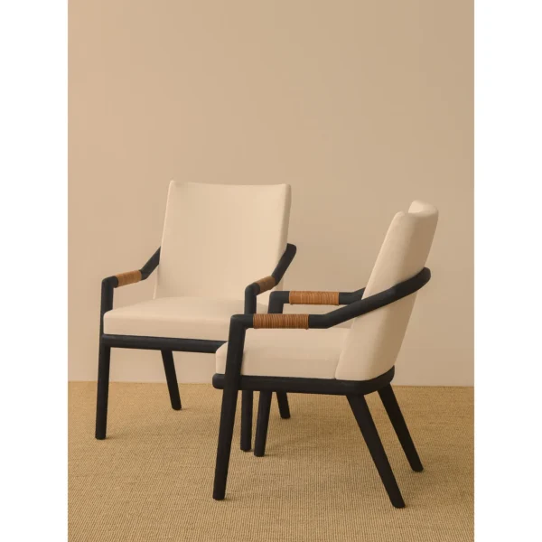 Black Oak Dining Armchair with Woven Leather Arms in oatmeal — in a room setting