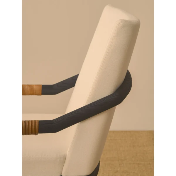Black Oak Dining Armchair with Woven Leather Arms in oatmeal — in a room setting
