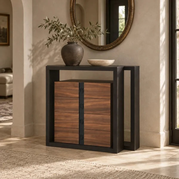 Walnut Cabinet in Black Oak Frame with Brass — in a room setting