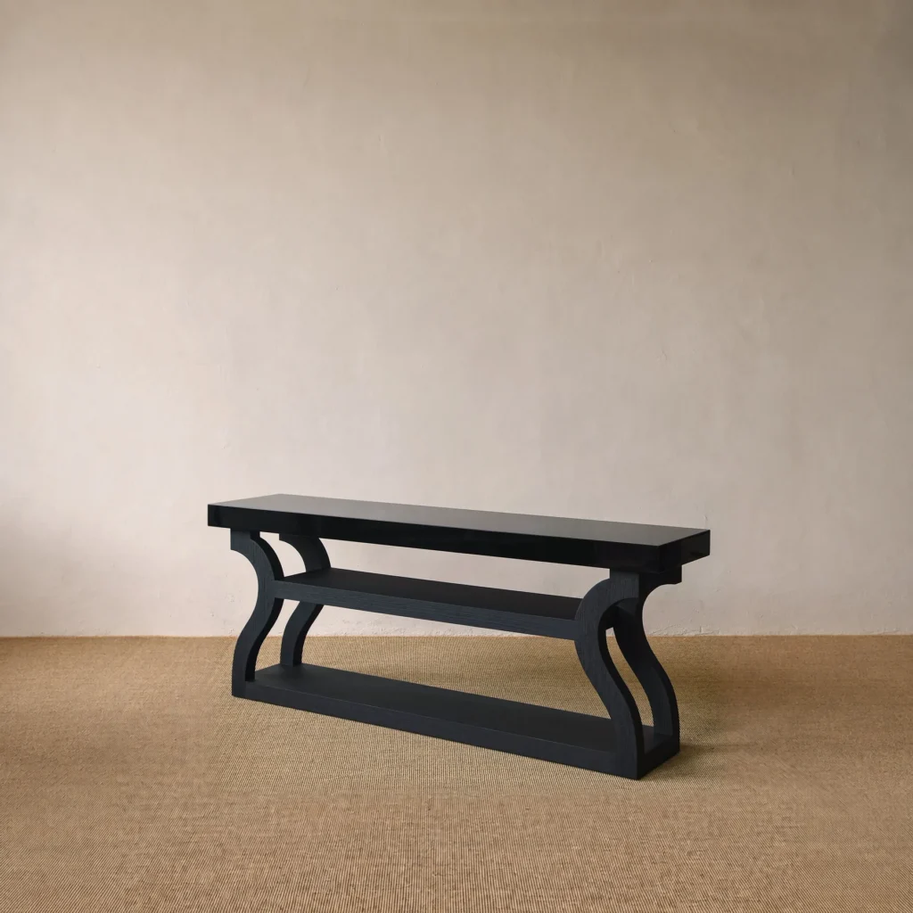 Black Oak Entryway Console with Curved Legs in black — front view