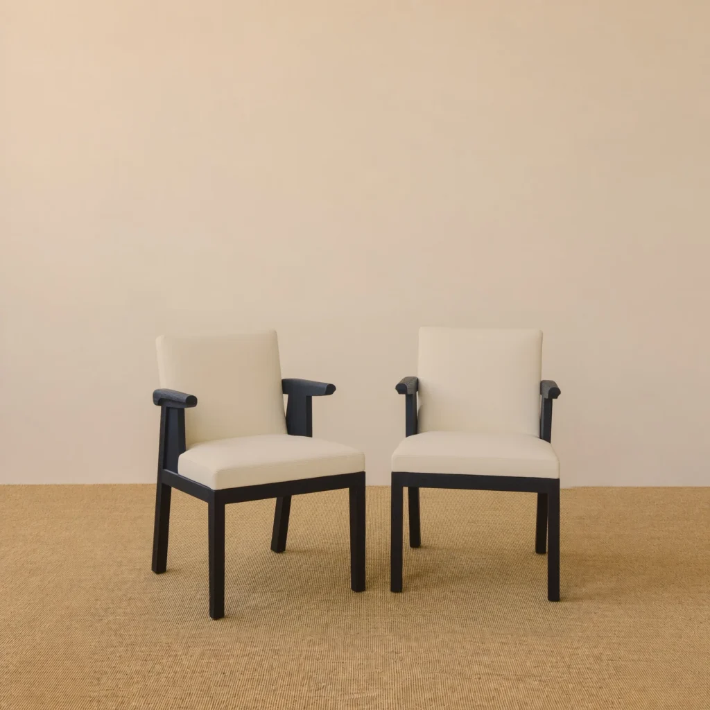 Black Oak Dining Chair with Cream Leather and Wrapped Arms in oatmeal — front view
