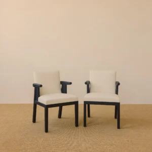 Black Oak Dining Chair with Cream Leather and Wrapped Arms in oatmeal — front view