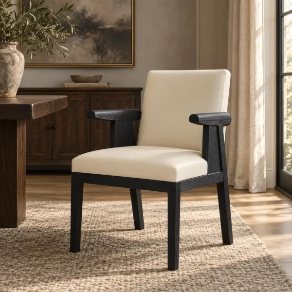 Black Oak Dining Chair with Cream Leather and Wrapped Arms in oatmeal — in a room setting