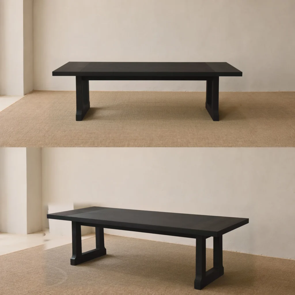 Matte Black Brushed Oak Long Dining Table in black — front view
