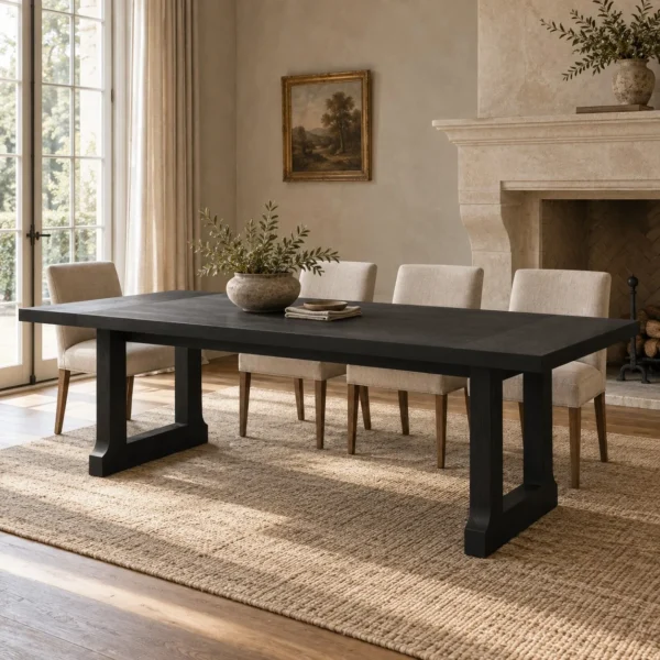 Matte Black Brushed Oak Long Dining Table in black — in a room setting