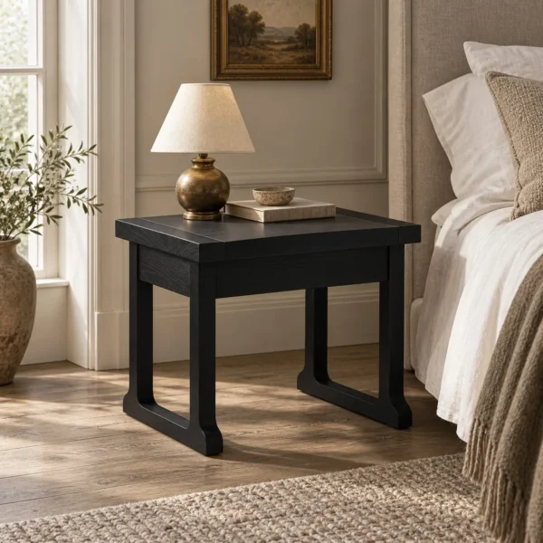 Matte Black Brushed Oak Nightstand on Sled Base in black — in a room setting
