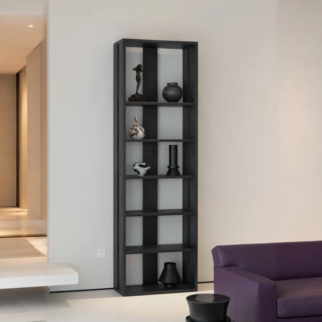 Tall Narrow Black Wood Display Shelf with Six Bays in black — front view