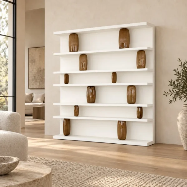 White Wall Bookcase with Five Open Shelves in ivory — in a room setting