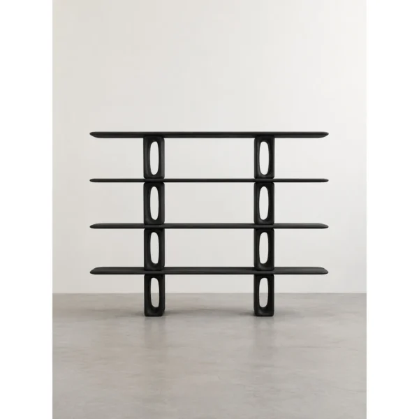 White Wall Bookcase with Five Open Shelves in ivory — in a room setting
