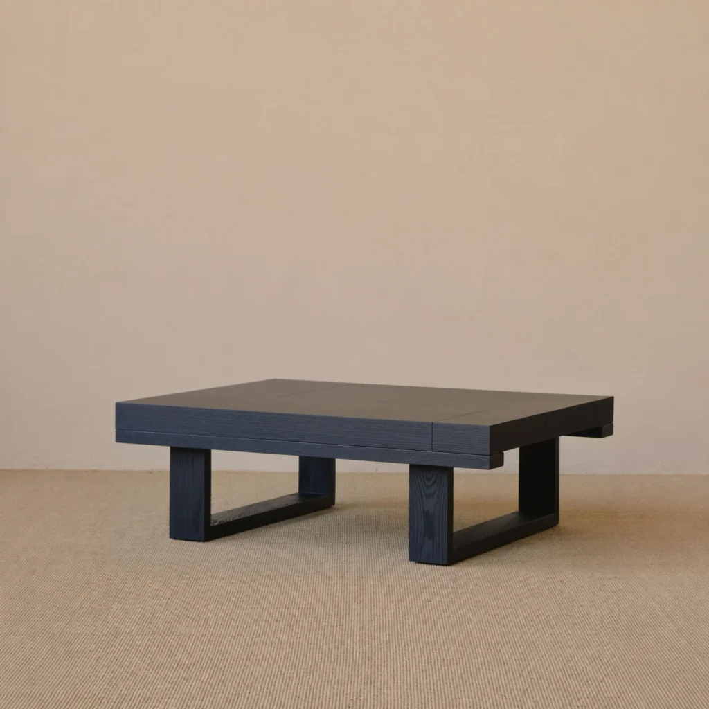 Black Oak Low Coffee Table with Slab Legs, 120 x 95 cm in black — front view