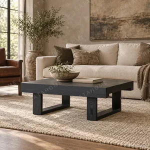Black Oak Low Coffee Table with Slab Legs, 120 x 95 cm in black — in a room setting