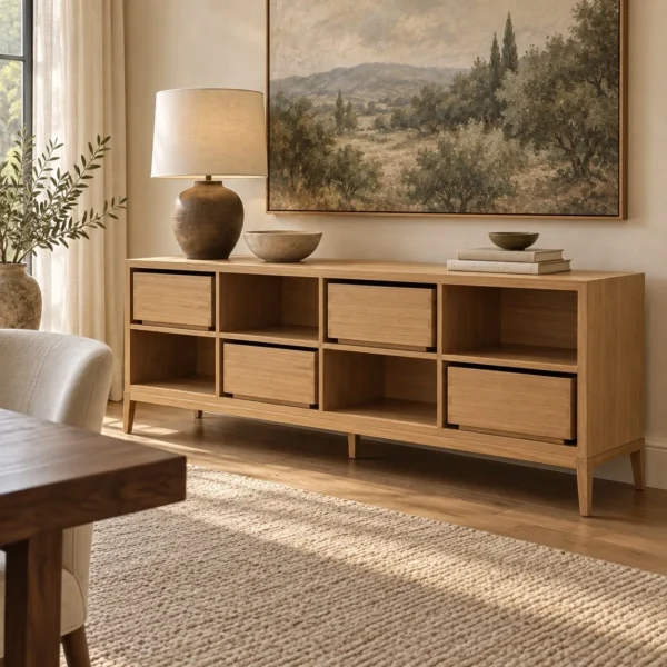 Block Oak Sideboard with Open Cubbies on Tapered Legs in natural oak — in a room setting