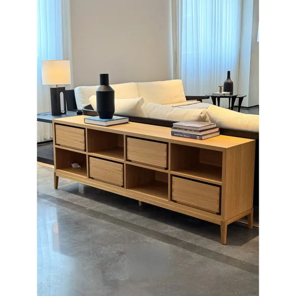 Block Oak Sideboard with Open Cubbies on Tapered Legs in natural oak — in a room setting