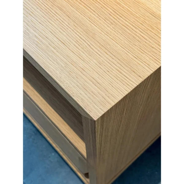 Block Oak Sideboard with Open Cubbies on Tapered Legs in natural oak — in a room setting