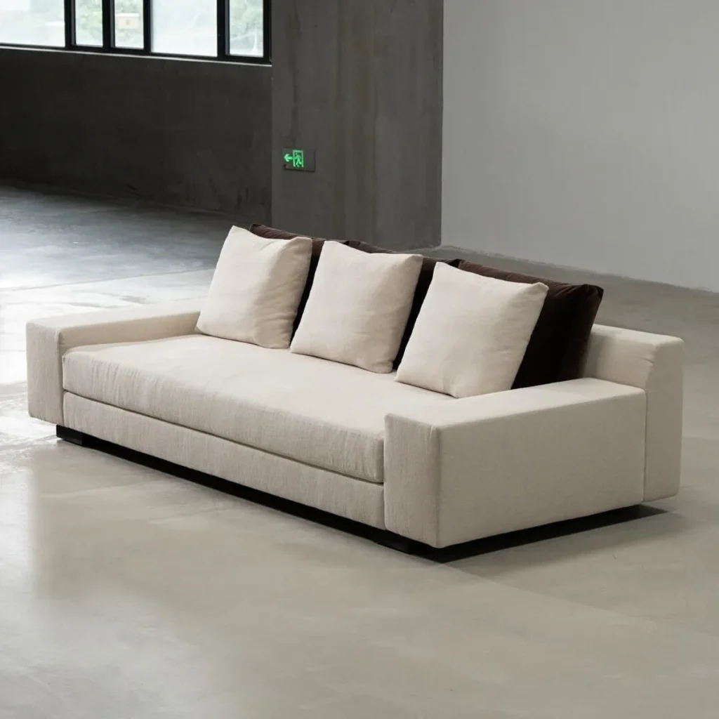 Old-Money Three-Seat Sofa in Cream Fabric with Loose Cushions — front view