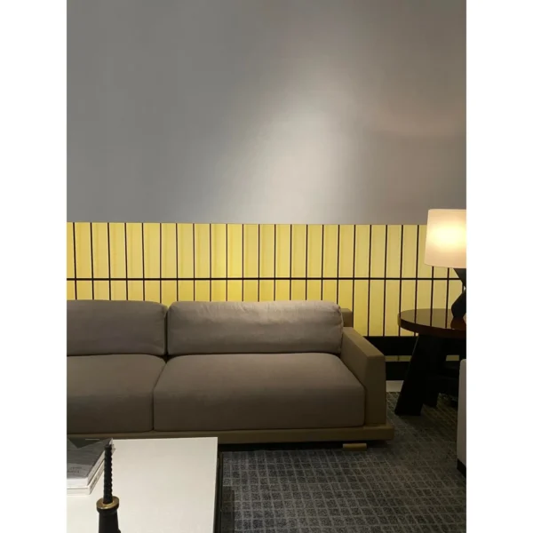 Old-Money Camel Wool Sofa with Bronze Base and Down Cushions in sand — in a room setting