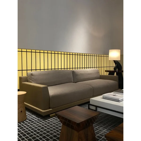 Old-Money Camel Wool Sofa with Bronze Base and Down Cushions in sand — in a room setting
