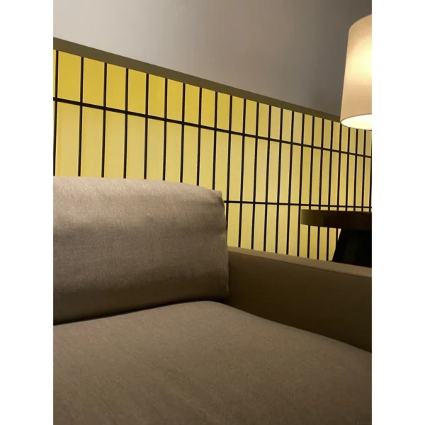 Old-Money Camel Wool Sofa with Bronze Base and Down Cushions in sand — in a room setting