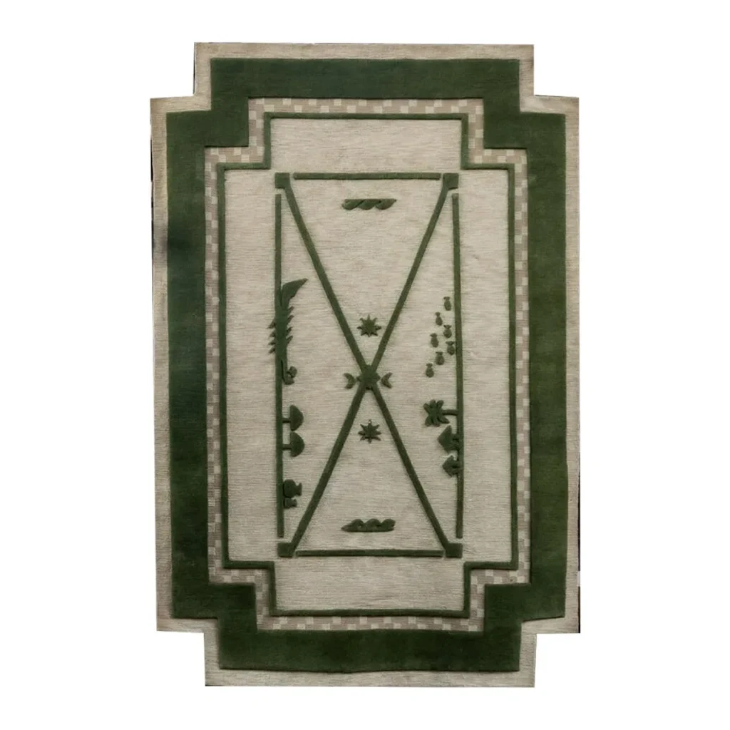 Olive Green Bordered Rug with Botanical Motif in olive — front view