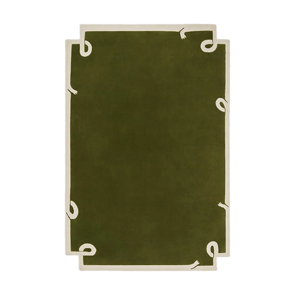 Olive Green Rug with Cream Ribbon Border in olive — front view