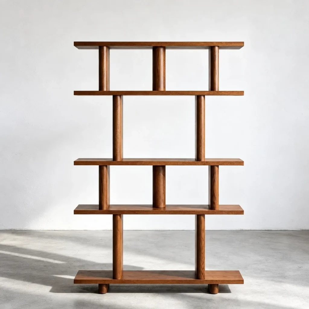 Open Solid Wood Bookshelf with Staggered Uprights, 120 cm in natural oak — front view