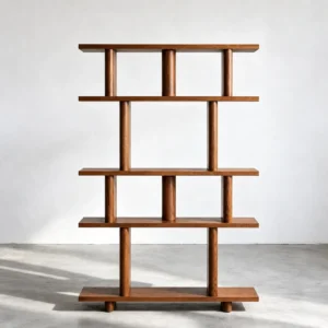 Open Solid Wood Bookshelf with Staggered Uprights, 120 cm in natural oak — front view